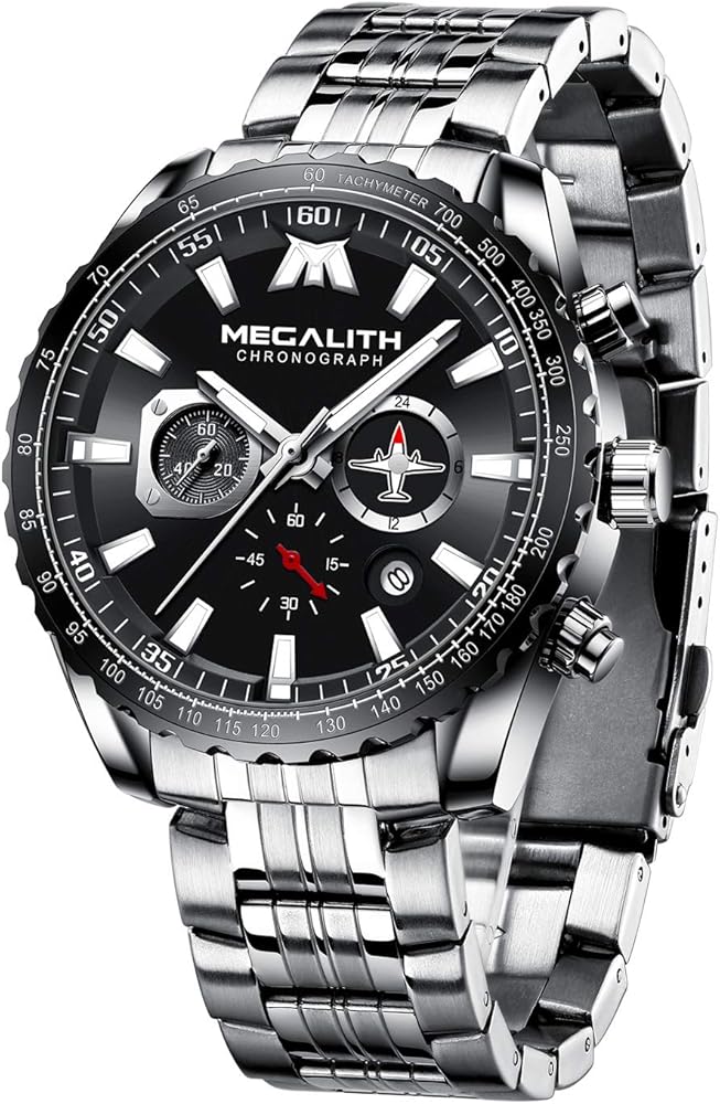 MEGALITH Relojes Hombre Militar Acero Inoxidable Relojes Grandes Hombre 46mm Cronografo Elegante Analogico Reloj de Pulsera Deportivo Impermeable