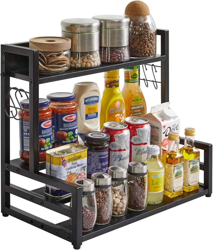 YMYNY Especiero de 3 Niveles, Organizador Especias, Estante de Cocina Con 4 Ganchos en S, Organizador de Tarros, Soportes para Botes, Para Comedor, Baño, Dormitorio, 43×24×39CM Negro HSR003B