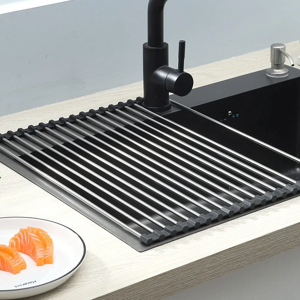 ViWaVee Escurreplatos Plegable y extraíble, escurridor de Platos sobre el Fregadero, Alfombrilla de Goteo, Rejilla de Goteo para Tazas, Frutas, Verduras, Organizador de Cocina (Negro 43 x 35)