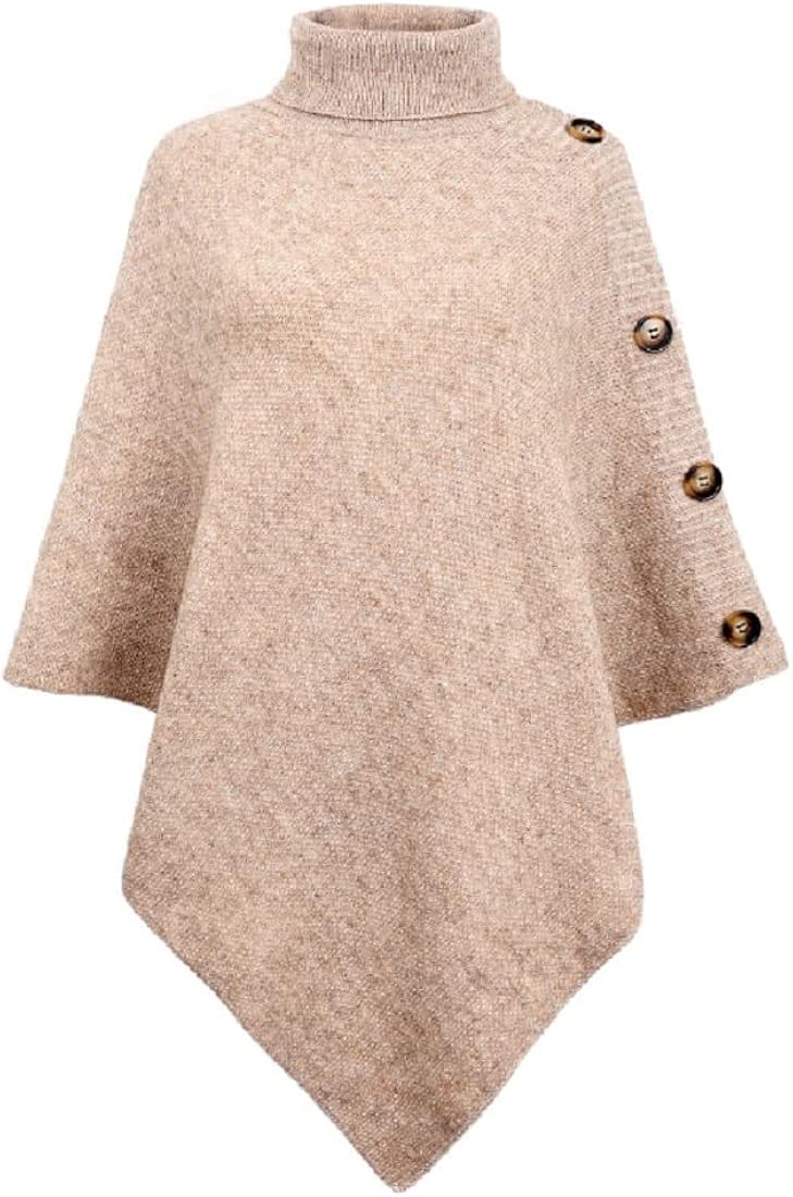 JFAN Poncho para Mujer Elegante Capa de Cuello Alto Jersey de Punto con Cuatro Botones Otoño/Invierno