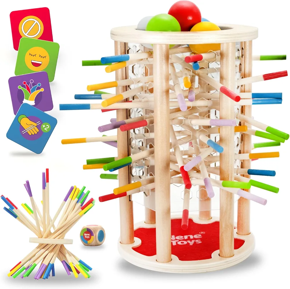 Nene Toys BALLFALL, Juego Montessori 4 en 1 con Palitos Coloridos, Dados & Cartas para Niños 3+ Años, Juego Familiar Torre de Madera para Niños Niñas 3-9, Juguete Educativo para Desarrollo Cognitivo