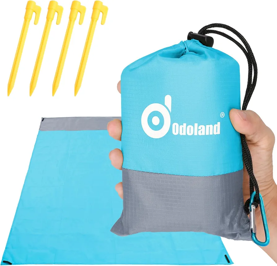 Odoland Manta de Picnic Plegable 140 x 200 cm, Manta de Playa Impermeable, Manta de Bolsillo, Adecuada para Acampar, Viajar, Caminatas y Playa, Azul