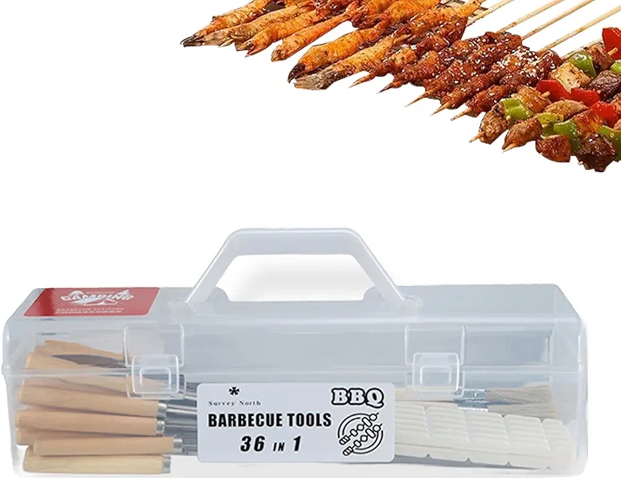 Kit de accesorios para barbacoa,Juego de herramientas para barbacoa | Juego de 36 pinchos con mango de madera, espátula para barbacoa, herramienta - Herramienta para asar al aire libre, maíz, camarone