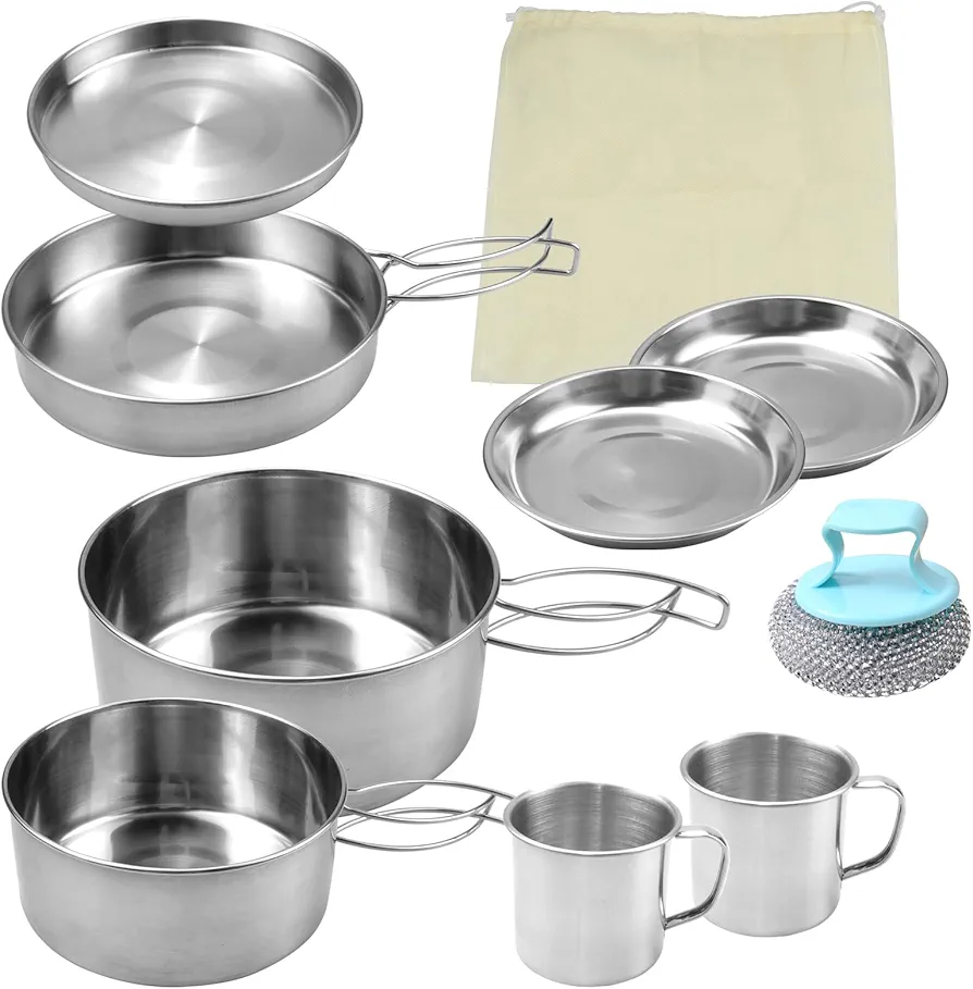 burkfeeg Juego De Ollas para Acampar, Acampar De Acero Inoxidable Utensilios De 9 Piezas, 2-3 Personas, Inoxidable 304 Apilable,Olla Camping, Plato para Olla, para Picnic, Camping, Senderismo