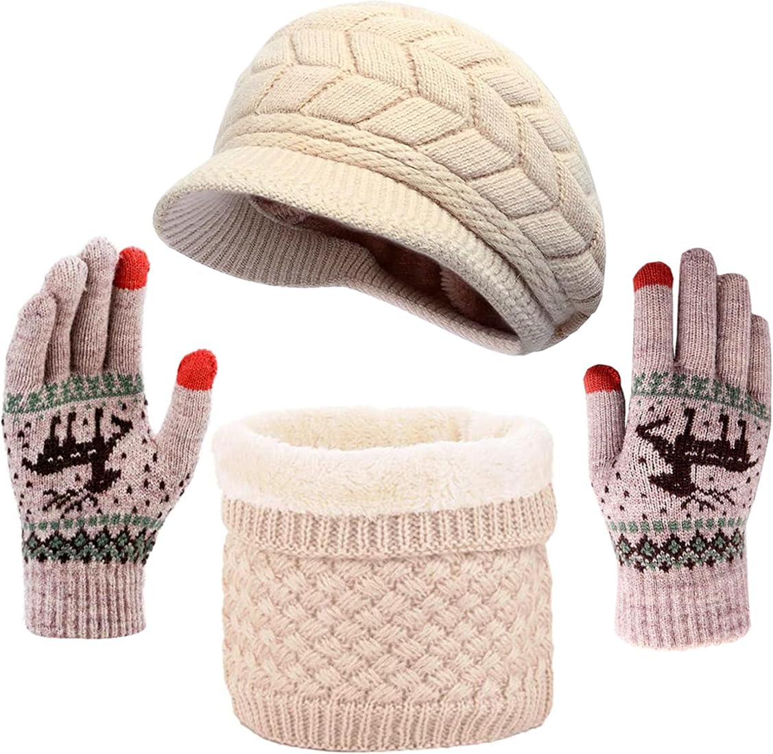 ASYBHYY Gorras Mujer Invierno Caliente Sombrero de Punto y Bufanda con Forro Polar y Guantes Pantalla Táctil Para Señoras Esquí Diario Deportes al Aire Libre