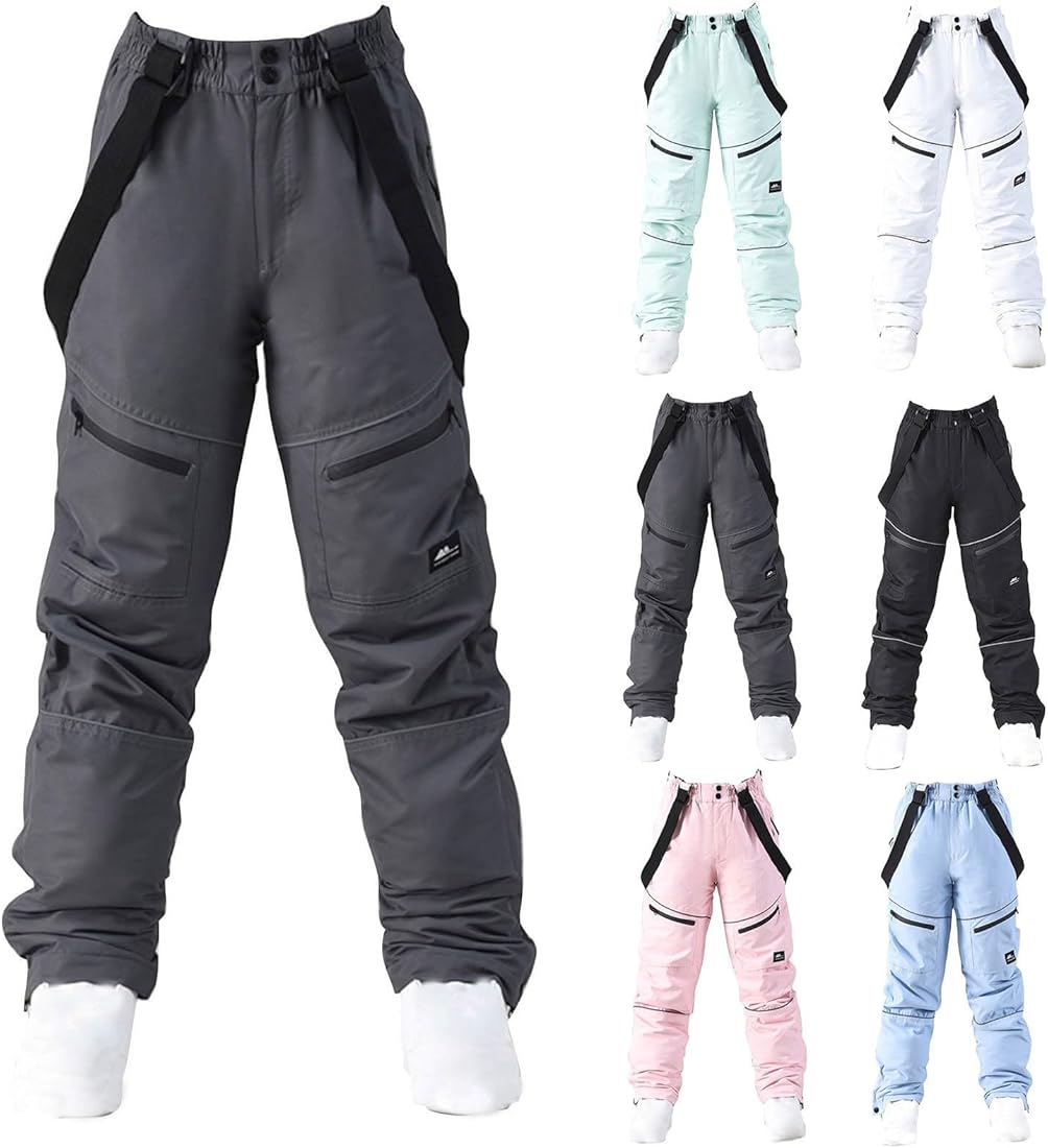 Dmmtot Pantalones de esquí térmicos impermeables y resistentes al viento para mujer, overoles holgados de pierna recta, holgados, pantalones de nieve cálidos de lujo, pantalones largos de primera