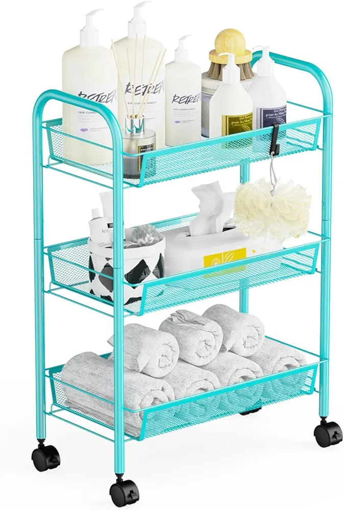 WELDUN Carrito de almacenamiento de 3 niveles, carrito rodante, carrito de almacenamiento de malla, carrito de almacenamiento móvil, portátil, estable y fácil de instalar, para dormitorio, cocina,