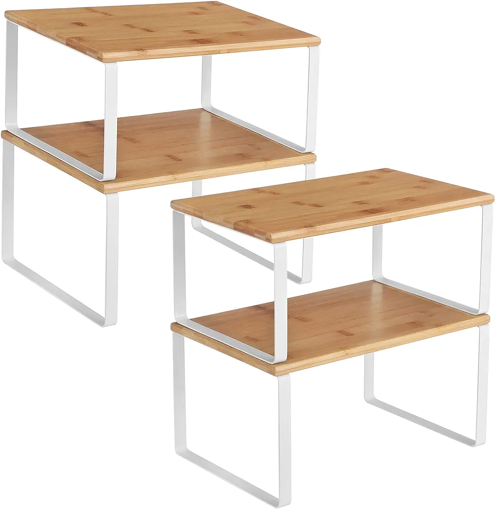 SONGMICS Organizadores de Cocina, Juego de 4 Estantes de Cocina, para Almacenamiento de Gabinete, Apilables, Expandibles, Metal y Madera de Ingeniería, Blanco y Natural KCS010N01