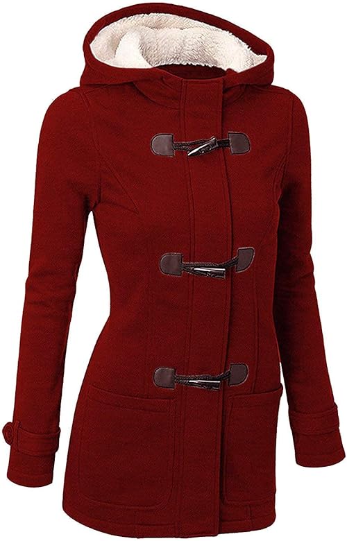 GHYUGR Abrigos con Horn Botones Mujer Invierno Elegantes Slim Chaqueta con Capucha Lana Capa Jacket Sudadera Pullover Outwear Parka