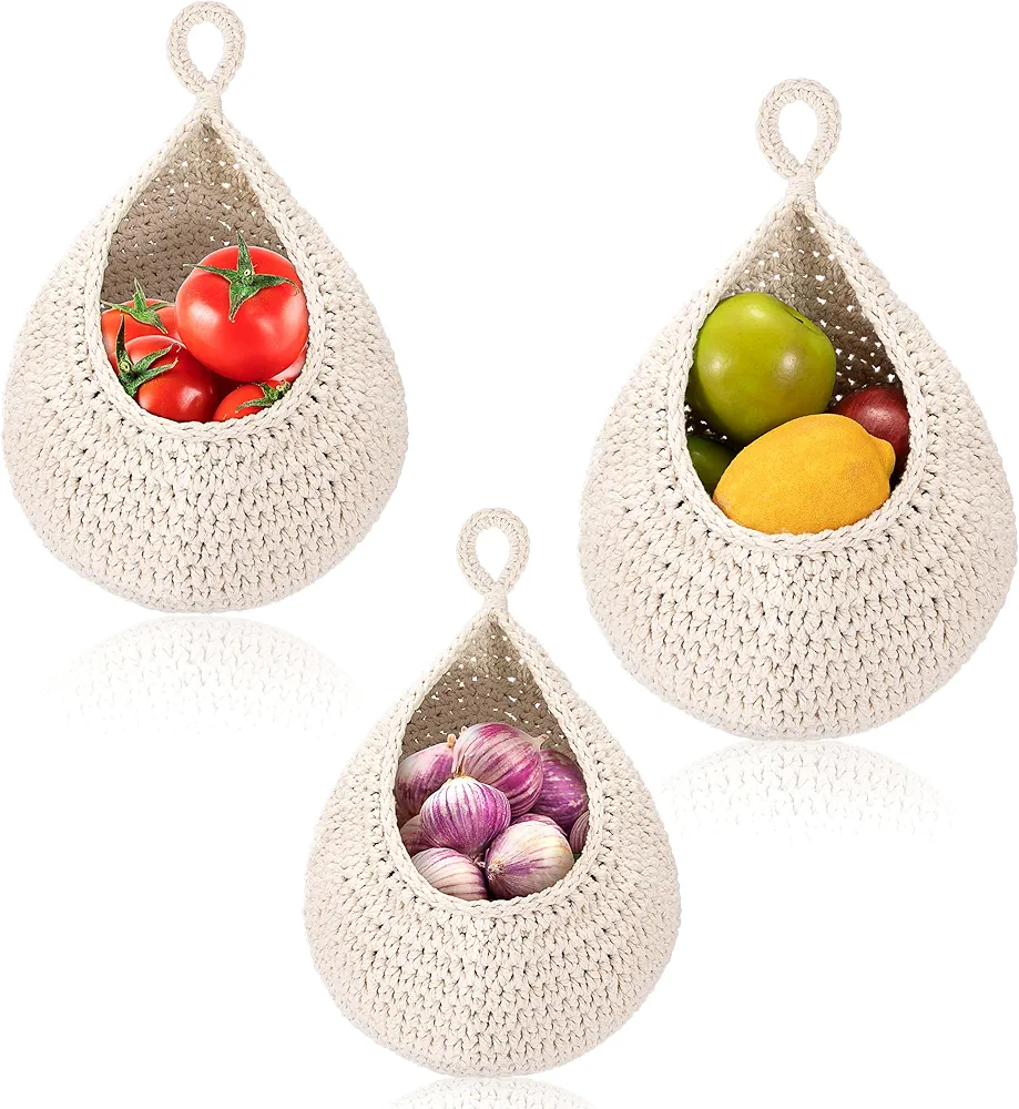 Cesta Colgantes para Frutas Vegetales, Cestas Colgar en la Pared Mimbre Hecho a Mano para Cocina Restaurante Almacenamiento Hogar Bolsa Yute Tejida (Blanco)