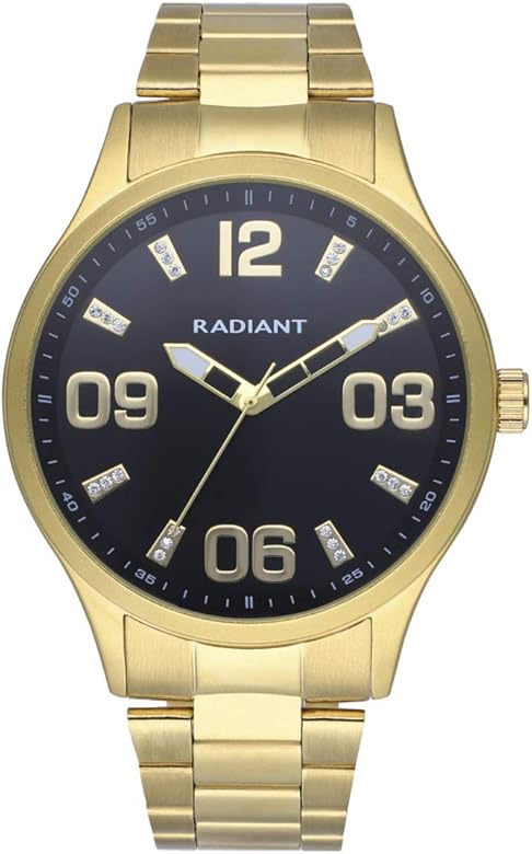 Radiant - Colección Leader - Reloj analógico de Cuarzo. Reloj de Pulsera para Hombre. Dorado con Brazalete y Esfera Negra y Correa de Acero Inoxidable. Tamaño 45mm. 5ATM.