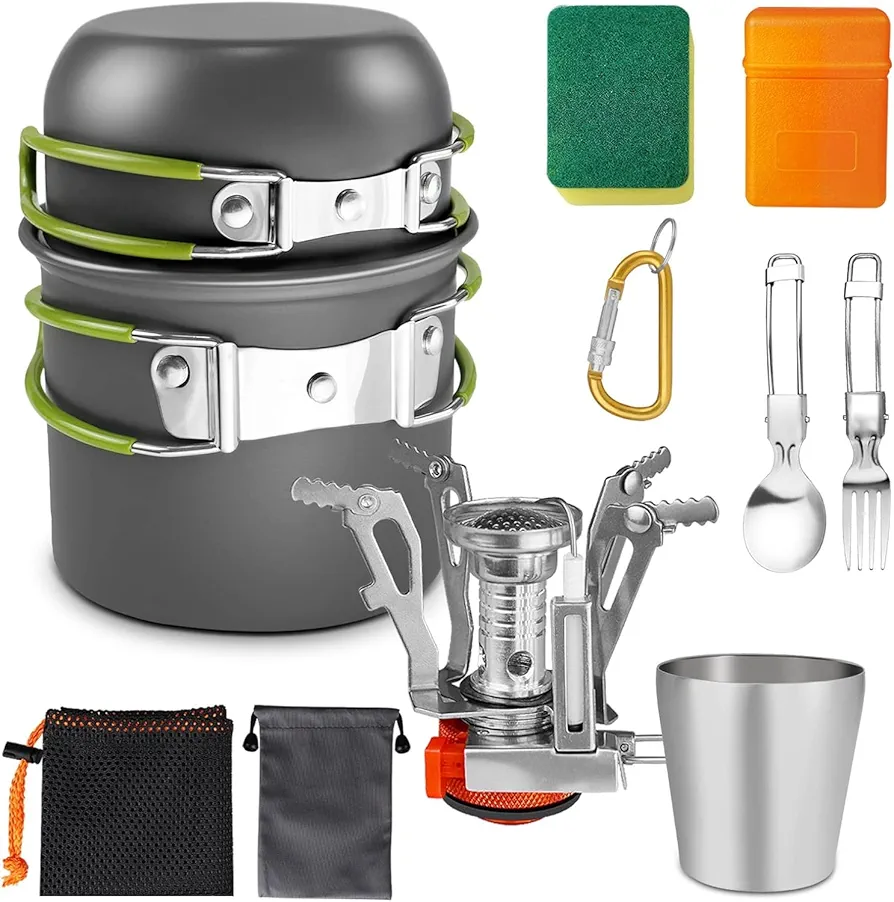 AUTOPkio Kit de Utensilios de Cocina Camping, 12 PCS Juego de Utensilios de Cocina con Sartén y Ollas, Estufa, Plegable Cubiertos, Taza para 1-2 Personas Viaje, Excursión, Senderismo