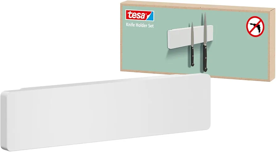 tesa Accesorios de Cocina, Barra Magnética para Cuchillos - Soporte Magnético y Autoadhesivo para un Almacenamiento Eficiente - con Adaptador, Montaje en Pared sin Taladrar - Blanco