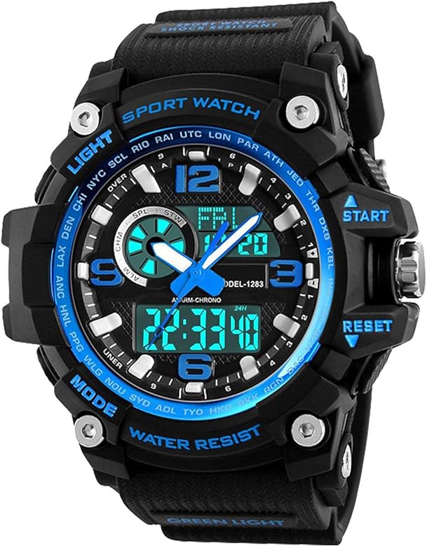 BHGWR - Reloj deportivo para hombre, 5 ATM, resistente al agua, digital, con cuenta regresiva/temporizador/alarma, LED analógico, resistente a los golpes, color azul por BHGWR