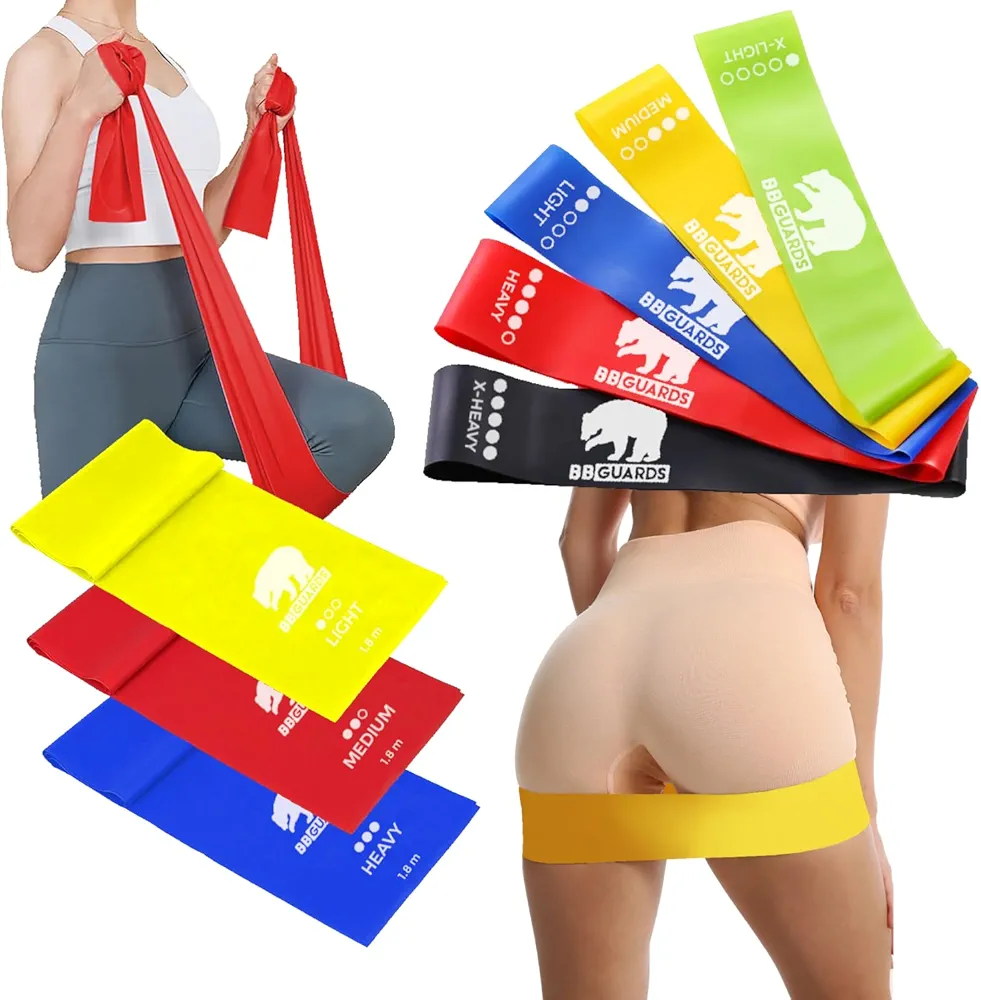 Set de 5 Bandas elásticas musculación y 3 Cintas elásticas musculación (180cm) para Fitness y Ejercicio en Casa. Gomas elásticas de musculación para Gym, Pilates... Bandas elásticas Fitness