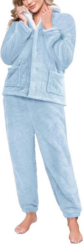 RITOSTA Pijama Mujer Invierno Polar Conjunto de Pijama de Navidad Calentito Ropa de Dormir 2 Piezas Pjs Sets Sleepwear Top de Cuello Solapa con Botones Bolsillos y Pantalones