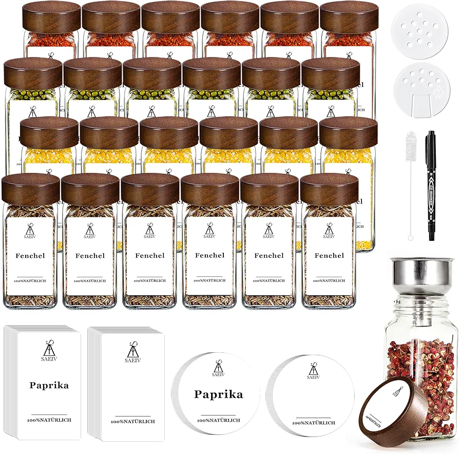 SIAZIH 24 Botes Especias Cristal con Tapas de Acacia, Botes para Especias Cocina de 120ml con 320 Etiquetas de Especias, Frascos Especiarias de Vidrio Borosilicato Premium