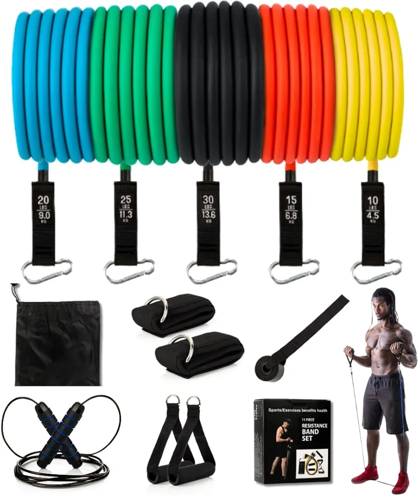 HIITLION Bandas Elásticas Musculación + Cuerda de Saltar - Entrenamiento Completo en Casa - Set de Resistencia con 5 Diferentes Niveles de Gomas para Gym en Casa, Ejercicio Muscular y Cardio