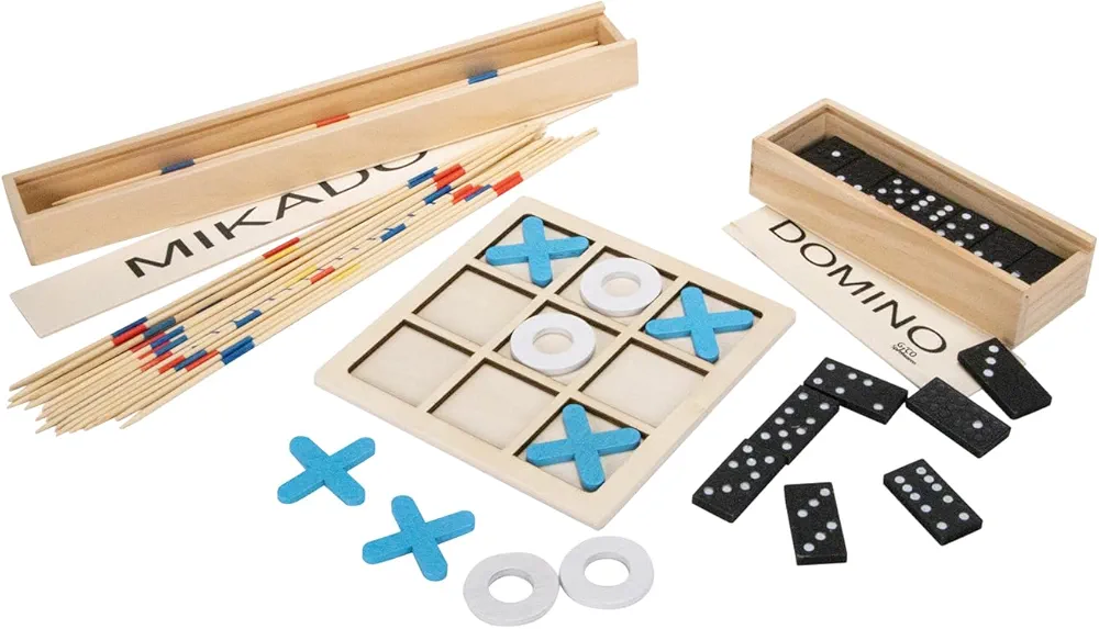 GICO Juego de dominó Mikado y juego de viaje Tic Tac Toe con tres juegos clásicos de madera para niños y adultos – 7966