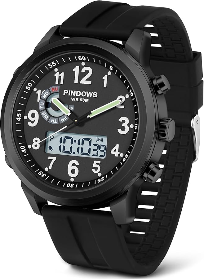 PINIDOUS Relojes para Hombre Relojes Deportivos Digitales para Hombre Multifuncional Militar Cuarzo Analógico Reloj Impermeable Acero Inoxidable Moda Clásica Reloj de Pulsera Casual Business