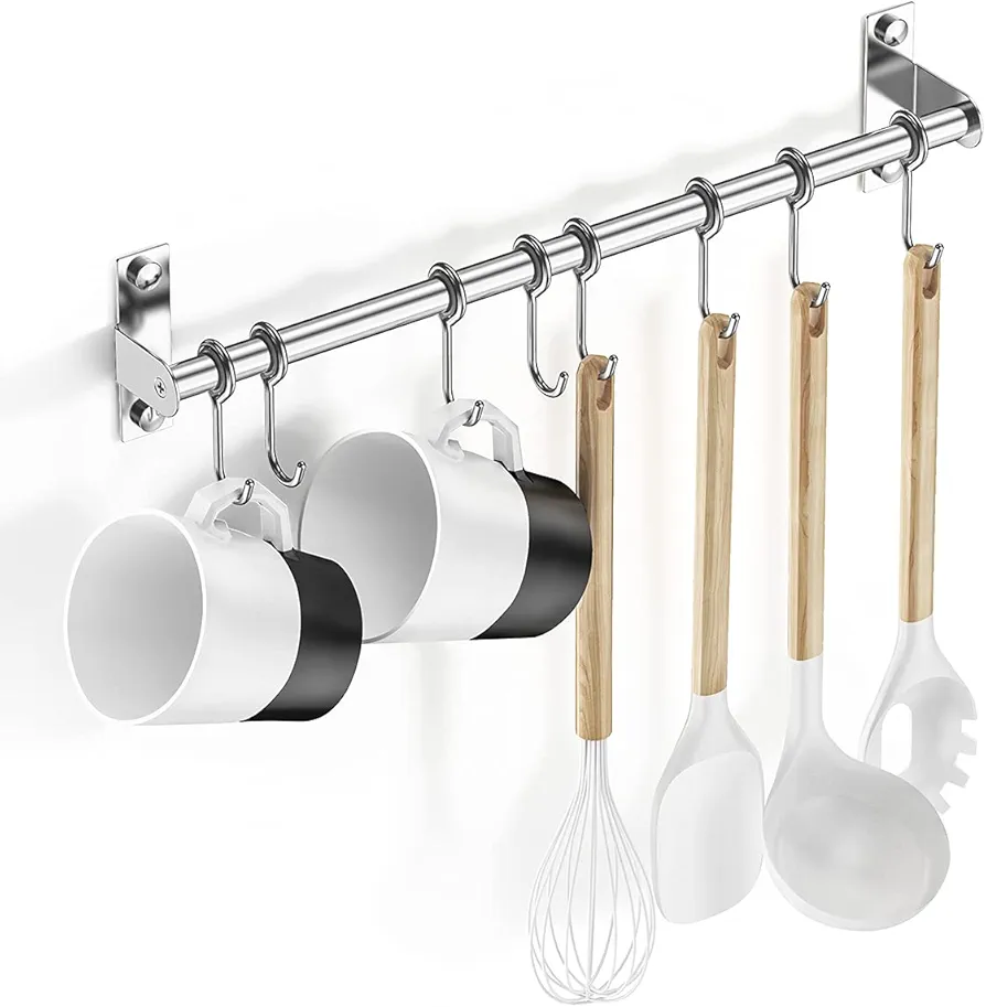 Lesfit Barra Cocina Utensilios, 40 cm Inoxidable Montaje en Pared Colgador Organizador con 8 Ganchos de Ollas y Sartenes, Adhesiva sin Taladro