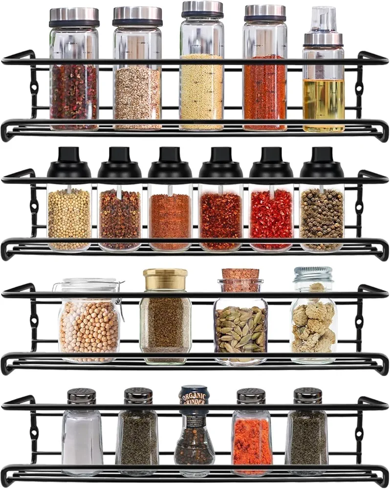 Mezzar Especieros para Cocina, 4 Piezas Organizador Especias Estanteria Pared Estantes Cocina Sin Taladrar Especieros Para Cocina Armarios Baño y Hogar - Negro