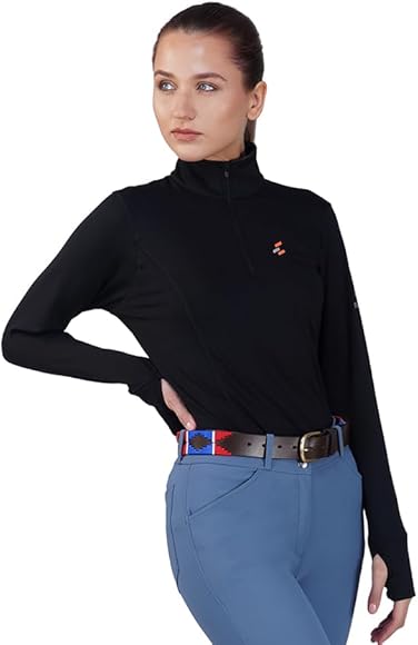 Preto Camiseta térmica de manga larga para jinete para mujer, ropa ecuestre y equipo para montar a caballo (negro)