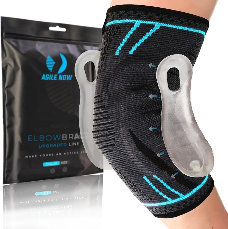 AGILE NOW® Codera mejorada que estabiliza y protege las articulaciones. Codera antideslizante con almohadillas de gel curvas. Adecuado para todos los deportes como tenis, levantamiento de pesas y golf