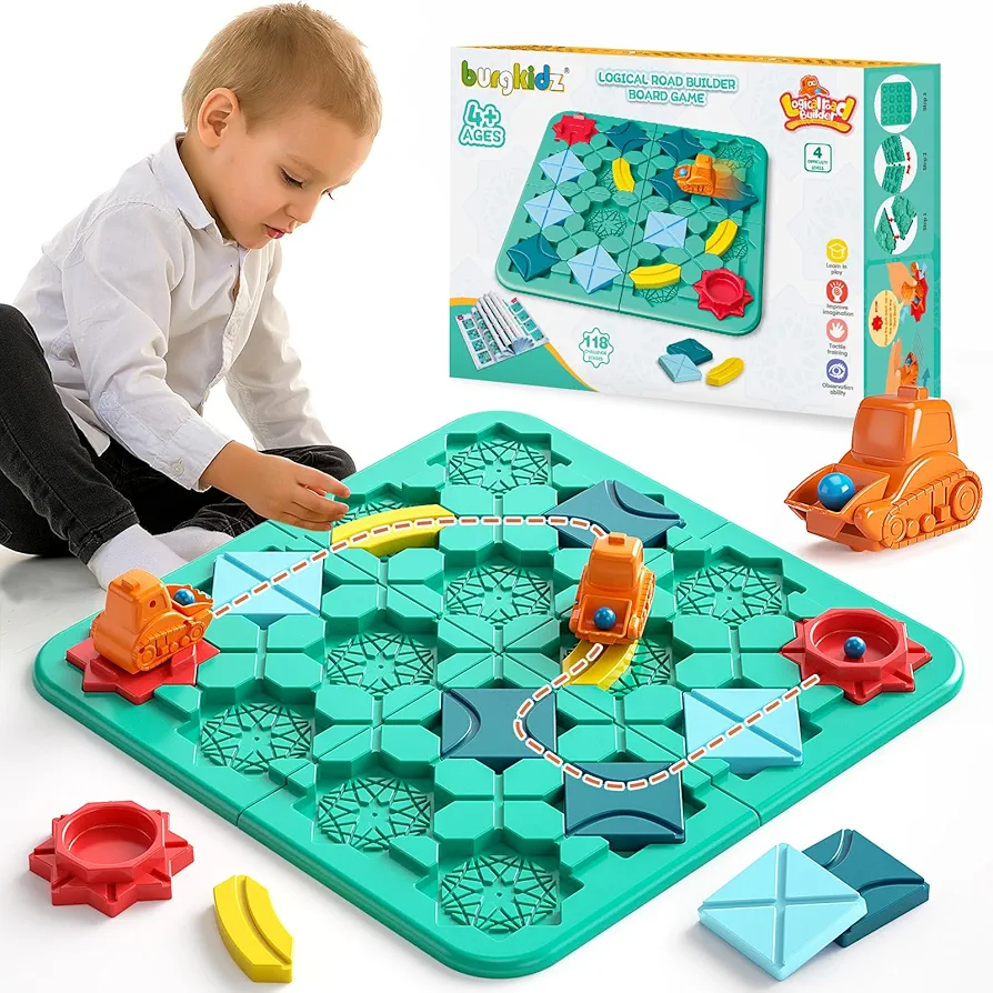 burgkidz Juego de Mesa de Laberinto de Rompecabezas Lógicos para Niños, Constructor de Caminos Lógicos con Auto y Canicas, Juegos de Tablero Mentales Juguetes de 4 a 8 años y niñas