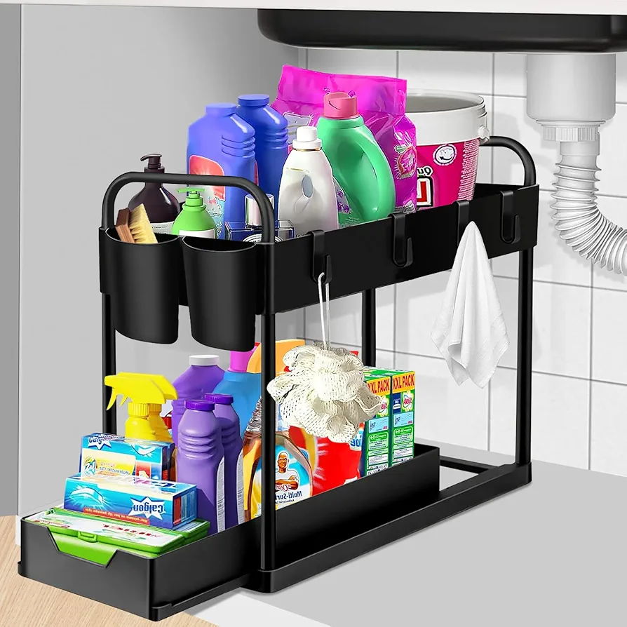 Wholede Organizador Cocina 2 Niveles, Organizador bajo Fregadero Extraible, Estanterias Almacenaje con 4 Ganchos y 2 Cesta, Organizador Armario para Cajones, Cocina, Baño