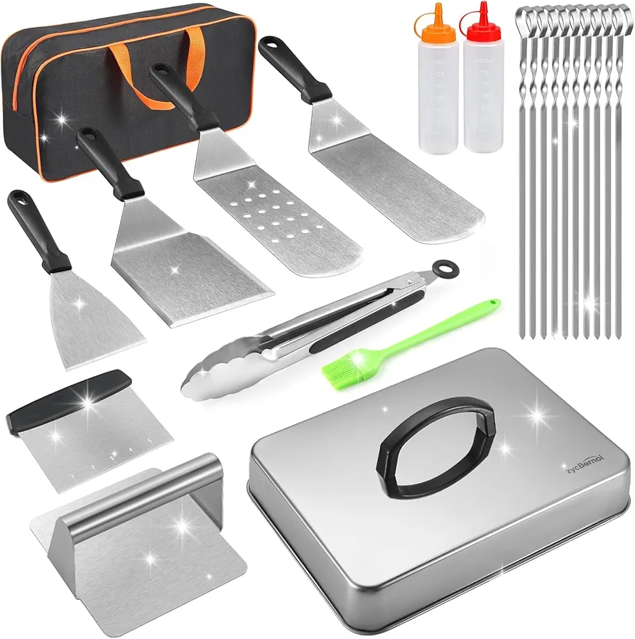 zycBernoi Kit de accesorios para plancha, 22 piezas de accesorios de parrilla plana para Blackstone Camp Chef, juego de espátulas de metal con prensa de hamburguesas, cubierta de hilvanado, cúpula de