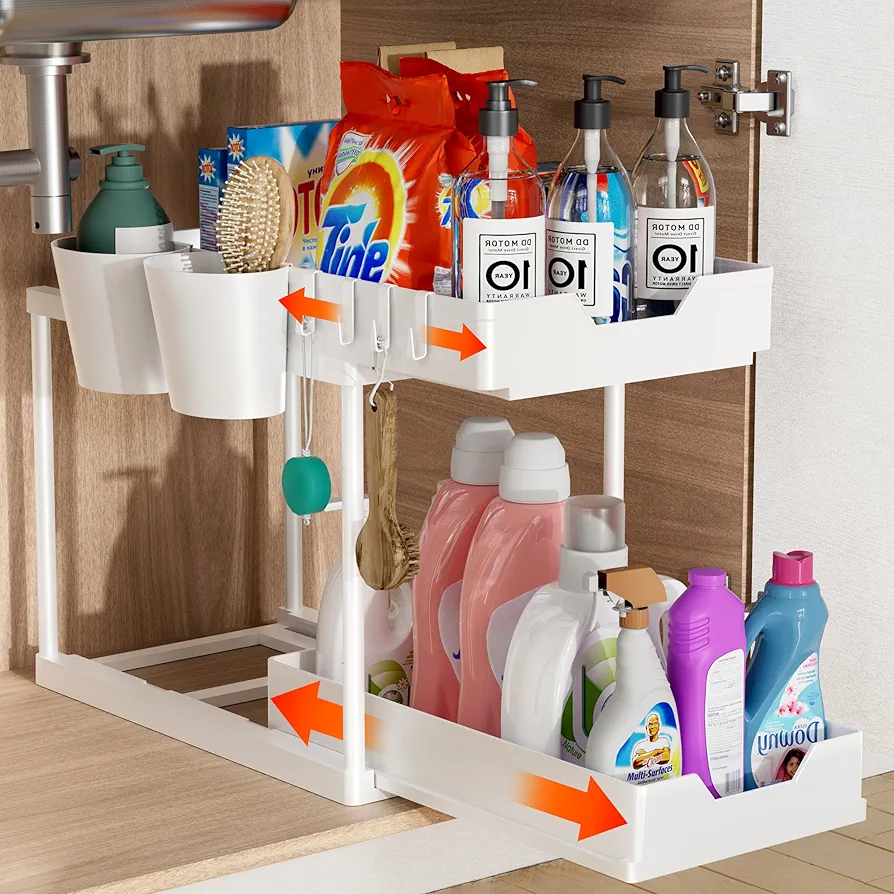 Organizador Bajo Fregadero Deslizable 2 Niveles, Estante Organizador Cocina de Gran Capacidad con 2 Cesta Colgante, 4 Ganchos, Deslizante Almacenaje Debajo Fregadero para Cocina, Baño, hogar, Blanco