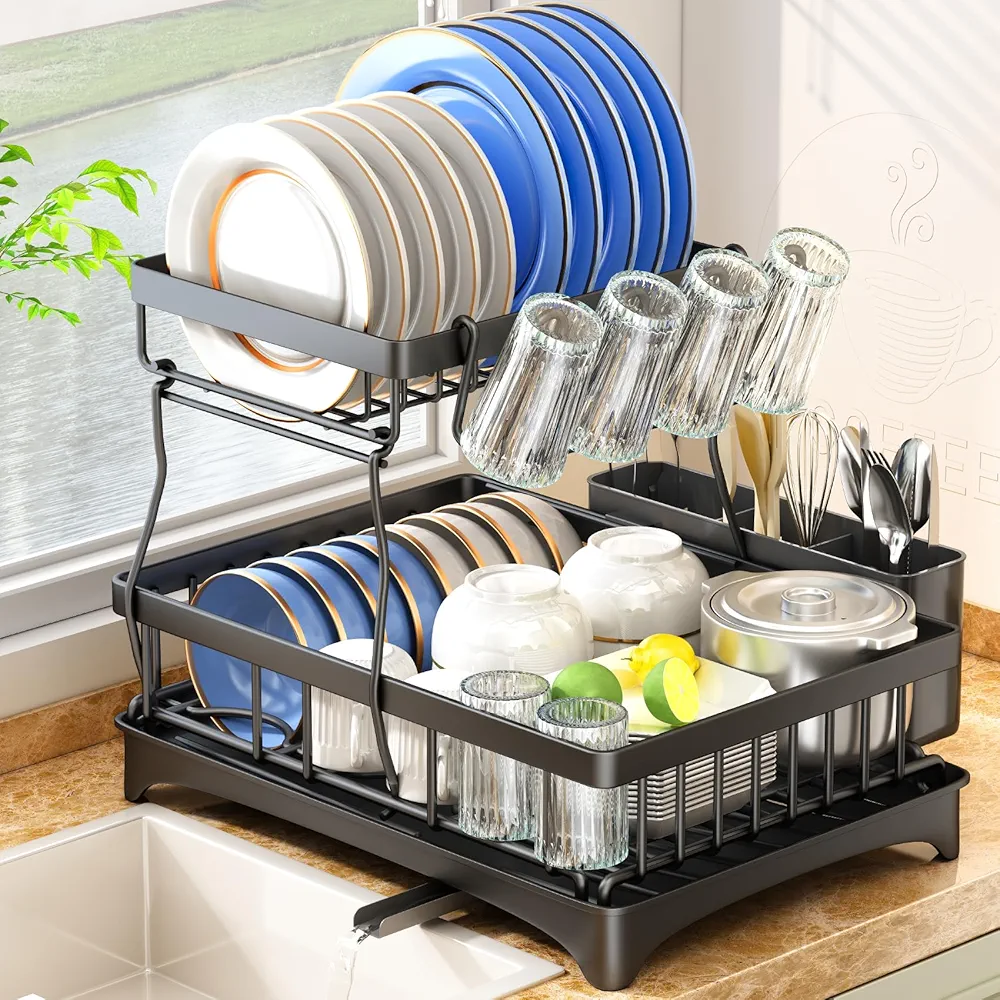 SAYZH Escurreplatos, Escurridor De Platos Desmontable De 2 Niveles, Organizador De Escurridor De Platos Gran Capacidad con Soporte para Utensilios, Estante para Tazas para Mostrador De Cocina, Negro