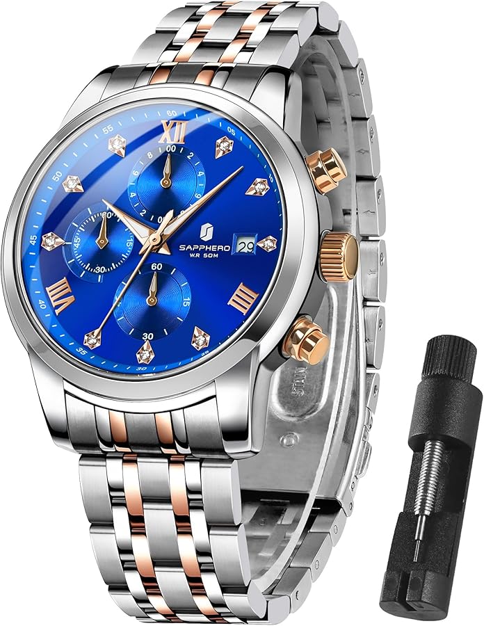 SAPPHERO Reloj Redondo de Acero Inoxidable para Hombres, 50M Impermeable Luminoso Elegante Regalo de los Hombres Reloj de Pulsera con indicador de Fecha y diseño de Cuarzo analógico