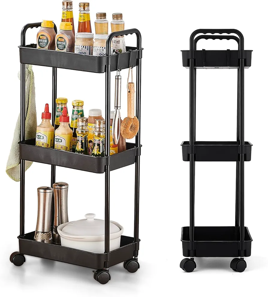 ZHUGE Carrito Auxiliar con Ruedas de 3 Niveles, Carrito Cocina para Cocina, Baño, Oficina, Lavandería, Maquillaje, Fácil Montaje Carro Rodante con Cierre, 35 x 24 x 79cm, Negro