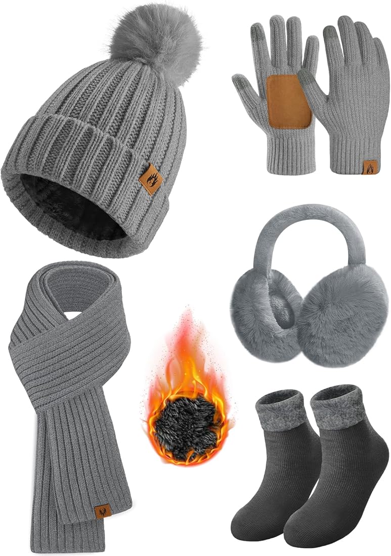 Svanco Invierno 5 en 1 Tiempo Frío Set Bufanda Gorro Guantes Orejeras Calcetines Mujeres Caliente Moda Térmico Bufanda Gorro Guantes Orejeras Calcetines Señoras Set 5 Piezas Set de Punto