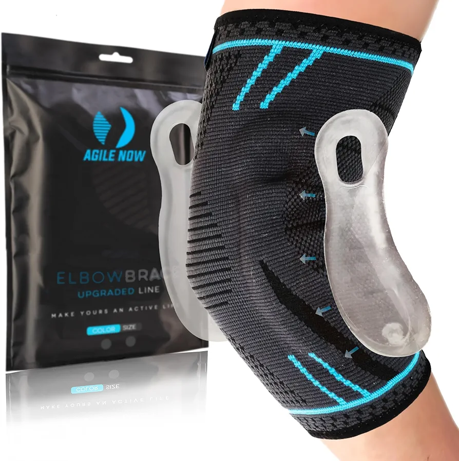 AGILE NOW® Codera mejorada que estabiliza y protege las articulaciones, codo de tenis antideslizante con almohadillas de gel curvas, adecuado para todos los deportes como tenis, levantamiento de pesas