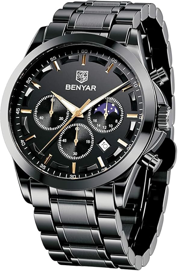 BY BENYAR Cronógrafo Reloj para Hombre Movimiento de Cuarzo Fashion Business Sports Watch Correa de Acero Inoxidable 30M Impermeable Regalo