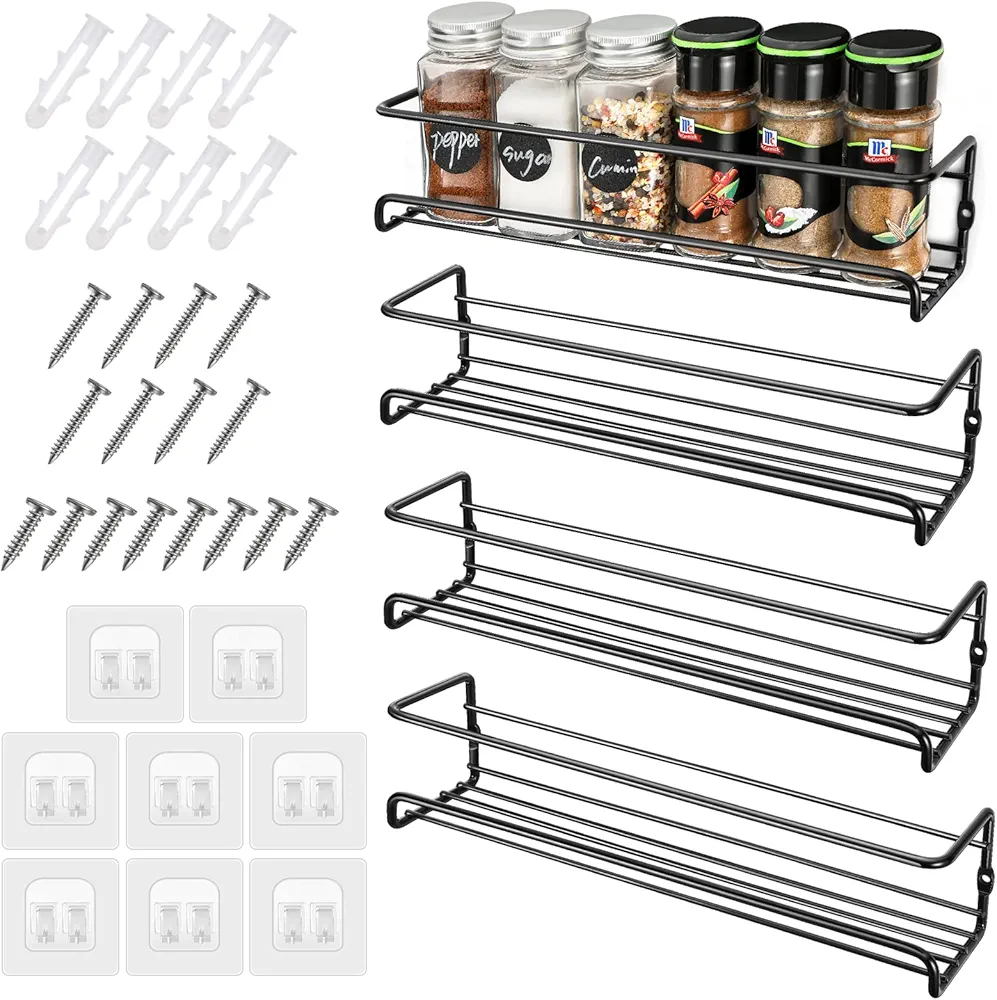 Especieros para Cocina, 4 Piezas Organizador Especias con Ganchos y Tornillos Autoadhesivos, Especiero Pared sin Taladrar, Condimentos Estanteria para Cocina Baño y Hogar - 29×6,8×6,5CM