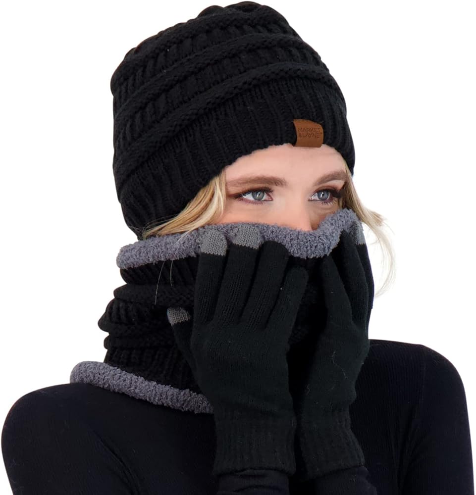 Winter Hat Fleece Lined Neck Warmer Scarf and Gloves Set for Women Knit Beanie Winter Gloves and Scarves Cold Weather