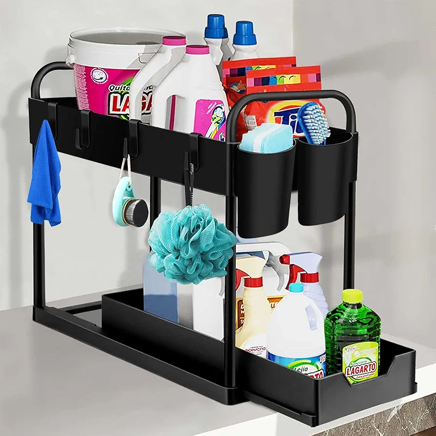 Wholede Organizador Cocina 2 Niveles, Organizador bajo Fregadero Extraible, Estanterias Almacenaje con 4 Ganchos y 2 Cesta, Organizador Armario para Cajones, Cocina, Baño