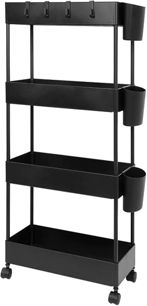 JAKAGO Carrito de Almacenamiento Estrecho con Ruedas (4 Niveles) para Espacios Pequeños, con 3 Cajas Colgantes y 8 Ganchos para Salón Comedor Cocina Baño 40x18x90cm-Negro