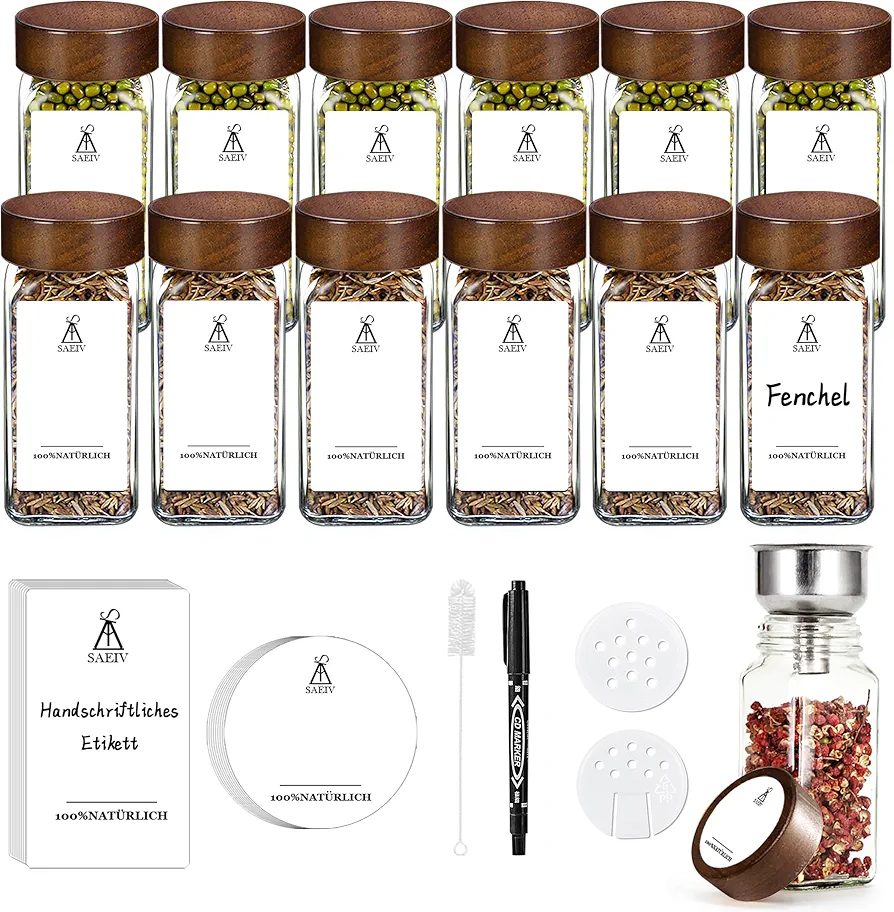 SIAZIH 12 Botes Especias Cristal, 120 ml Botes para Especias Cocina con Tapas de Acacia, Frascos Especiarias Transparentes con dos Tipos de Tamices para Especias para Organizar las Especias de Cocina