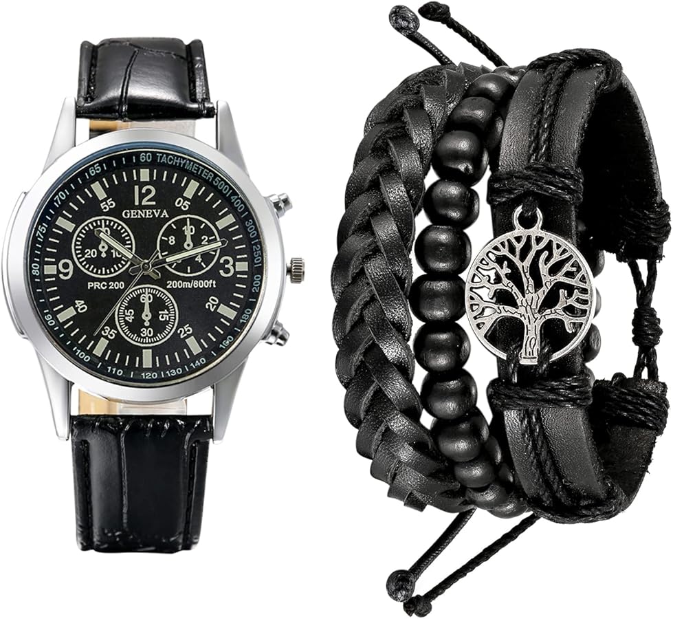 OIDEA Reloj Pulsera Hombre Juego: Relojes Analógicos de Cuarzo Redondo Pulsera Trenzada Multicapa Árbol de la Vida Cuero Joyería Set 2 Piezas - Regalo para el Día de la Padre San Valentín