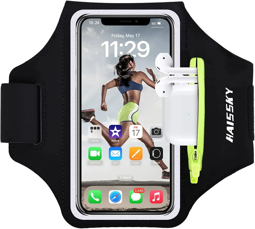 Brazalete Deportivo para Corre con Airpods Holder,Brazalete Movil Running Ajustable,Porta Movil Runnning para iPhone 15 14 13 12 11 Pro Max/14 Plus/XR/XS/X/8 Galaxy S23/S22,Huawei P40 hasta 6.9"