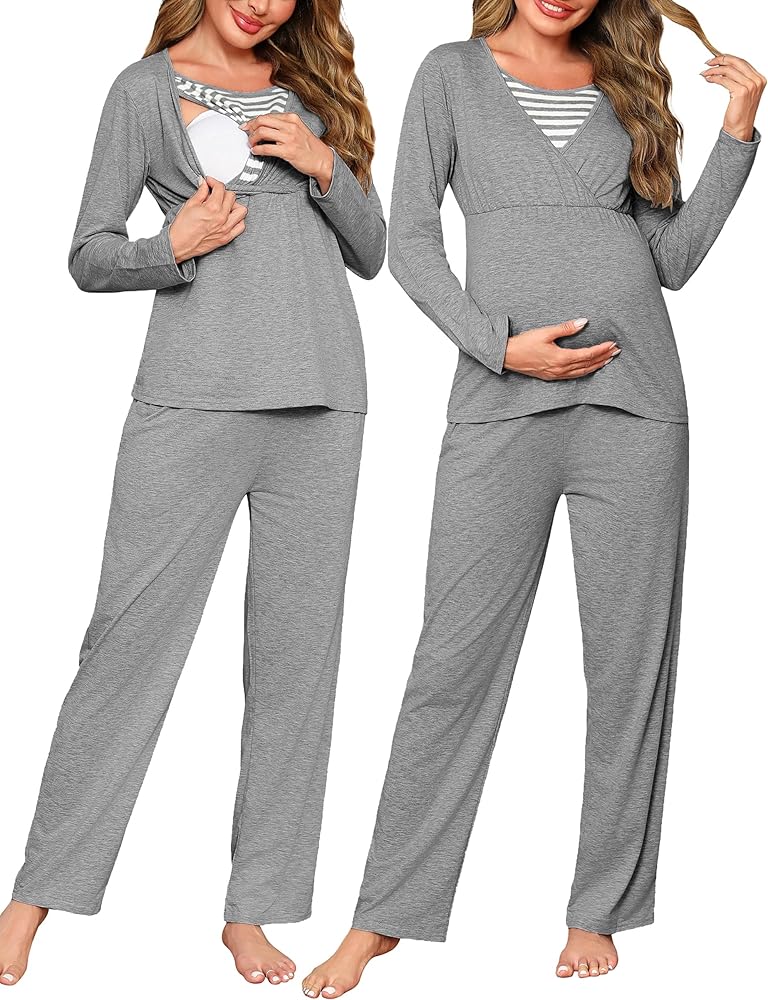 Pijamas de Lactancia para Mujer Invierno Pijamas de Maternidad de Hospital para Premamá Algodón Conjunto Embarazo de Embarazadas S-XXL