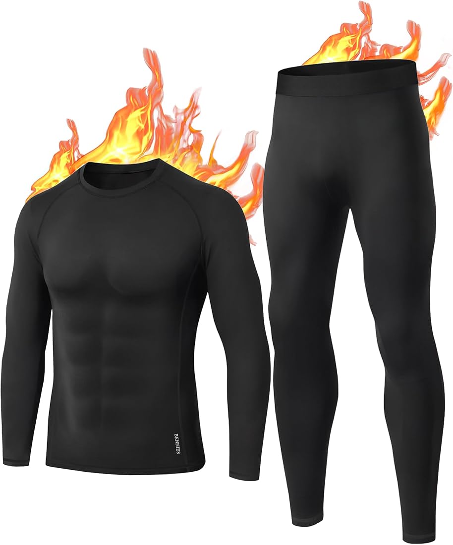 BENNIES Ropa Interior Térmica Hombre, Camiseta Térmica Hombre Ropa Termica Hombre Frio Conjunto Termico Pantalones Termicos Invierno Termicas Manga Larga para Running Esquí Ciclismo Fitness Negro