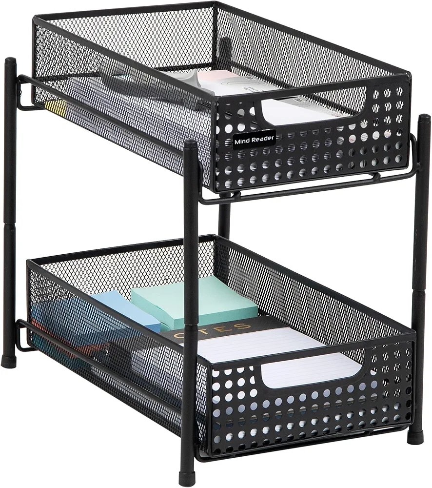 Mind Reader HCABASK2T-BLK - Organizador de cestas de almacenamiento de malla, para el hogar, oficina, cocina, baño, acero, color negro, 2 niveles resistentes